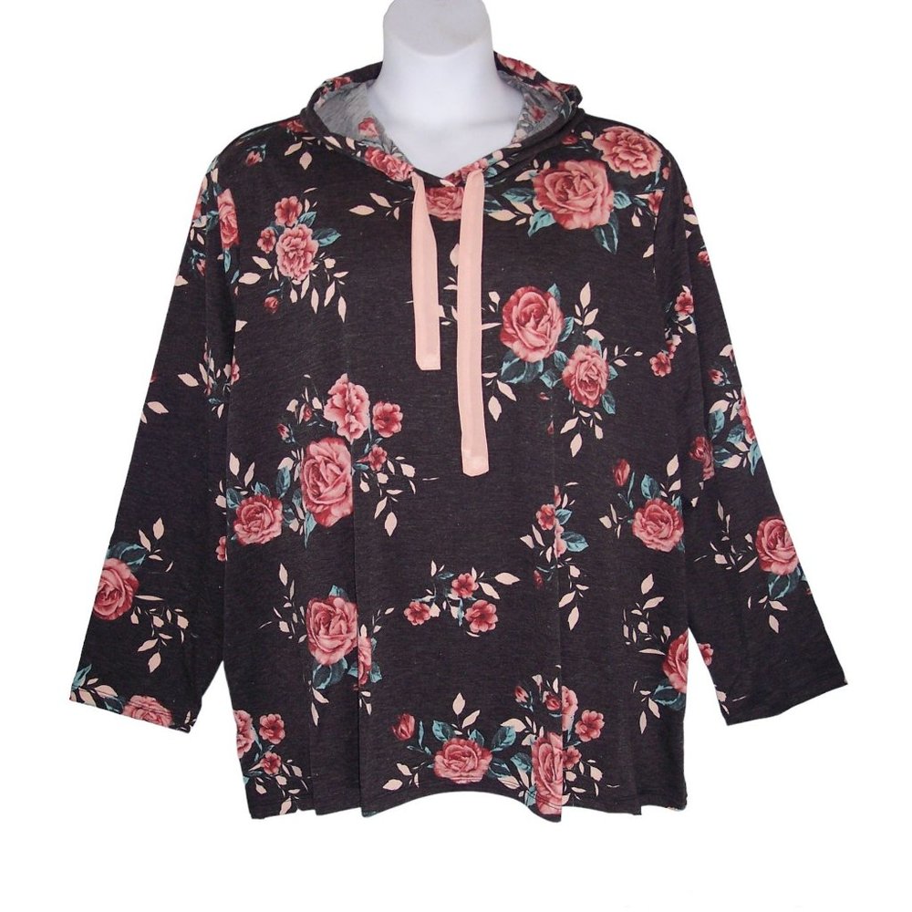 NEW Avenue 30/32 Floral Hoodie Top French Terry Long Sleeves - Picture 2 of 12